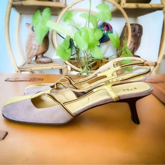 Prada Gold and Beige Slingback Kitten Heel - Picture 4 of 8